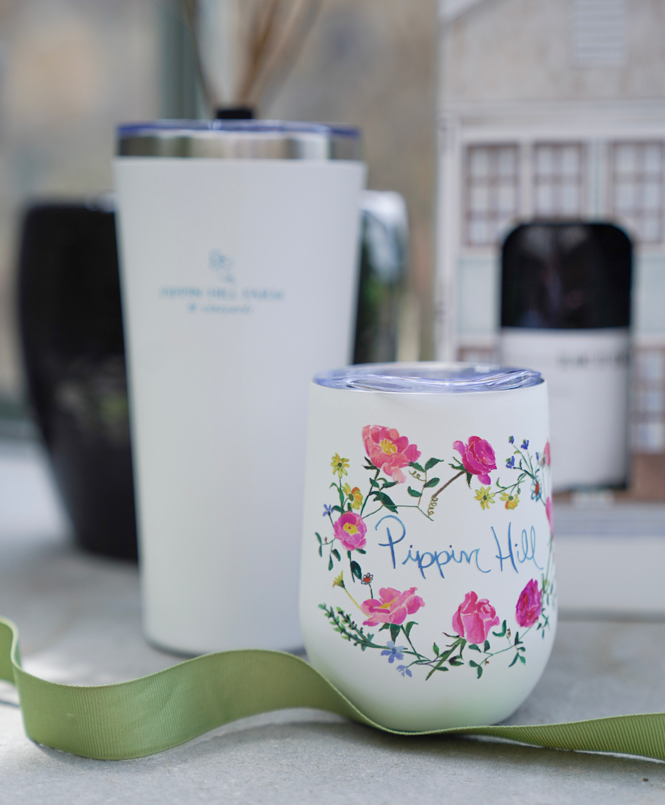Pippin Hill floral 12oz tumbler in white. 